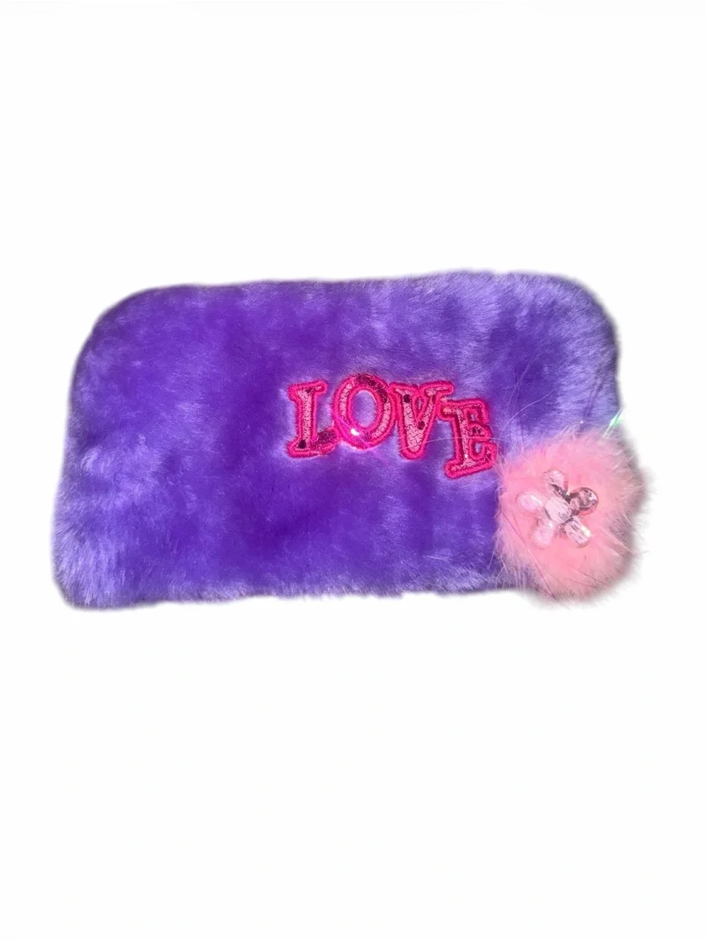 Y2K Purple Faux Fur Pencil Case/ Clutch with Pink 'Love' Patch